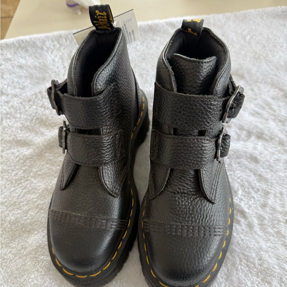 Women’s Black Leather Buckle Boots with Yellow Stitching